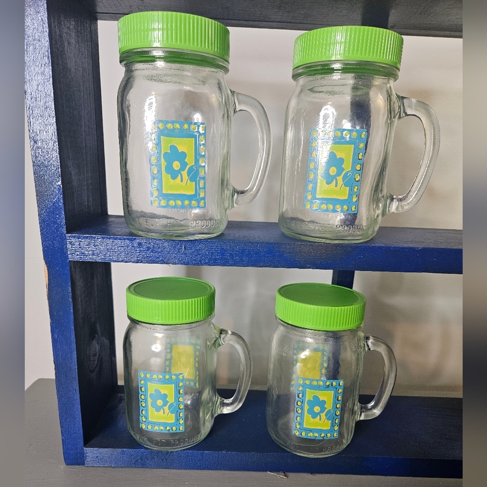 Vtg Anchor Hocking Glass Mason Jar Mugs with Green Lids (Set of 4) 16 oz